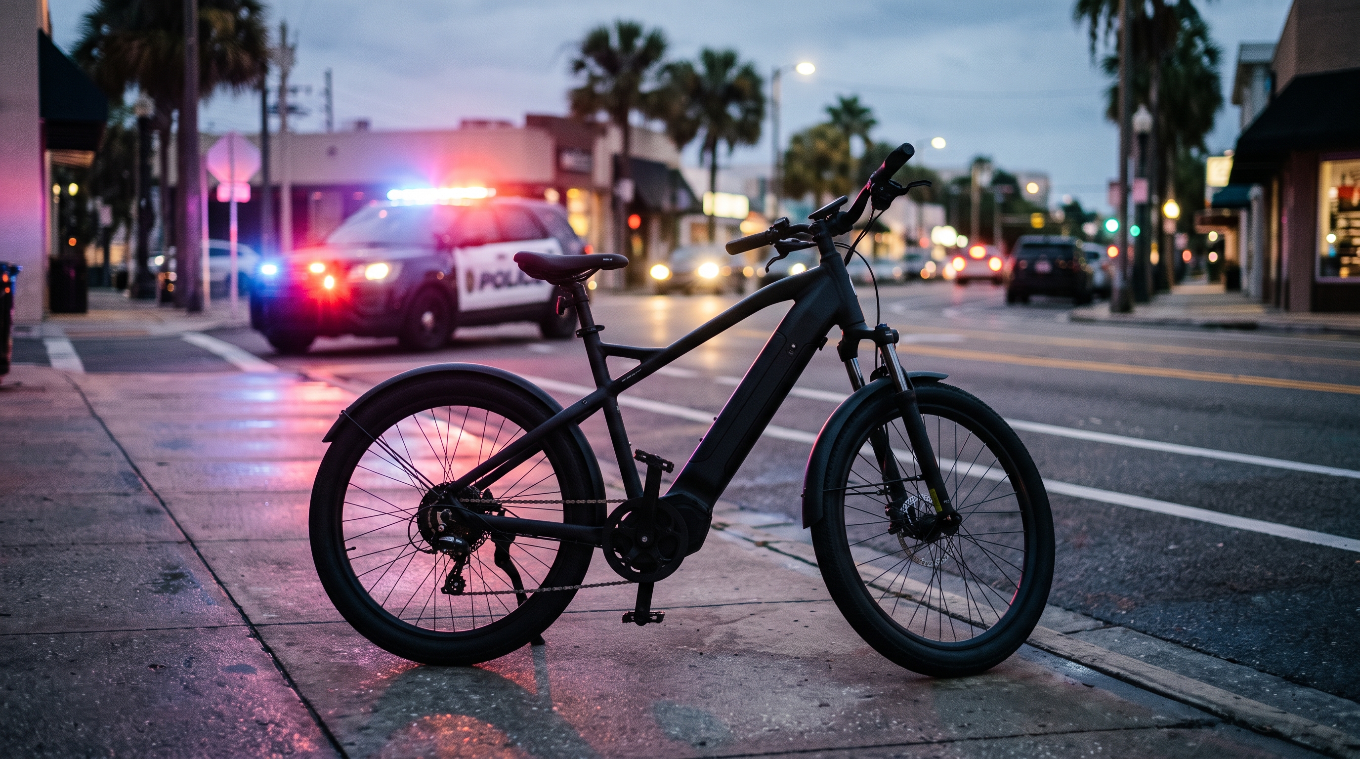 Electric bike parked near a police cruiser with emergency lights, representing e-bike criminal charges in Pinellas County.